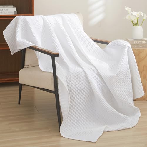 "PHF 100% Cotton Waffle Weave Throw Blanket 50"" x 60""-Lightweight Washed Soft Breathable Blanket for Adults and Kids-Perfect Blanket Layer for Couch Bed Sofa-Elegant Home Decoration- White"