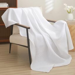 "PHF 100% Cotton Waffle Weave Throw Blanket 50"" x 60""-Lightweight Washed Soft Breathable Blanket for Adults and Kids-Perfect Blanket Layer for Couch Bed Sofa-Elegant Home Decoration- White"