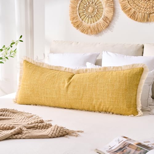 DAPTSY Boho Pillow Cover 14x36 Long Faux Linen Mustard Yellow Long Pillow for Couch Spring Modern Farmhouse Home Decor for Sofa Living Room Couch Bed Pack of 1
