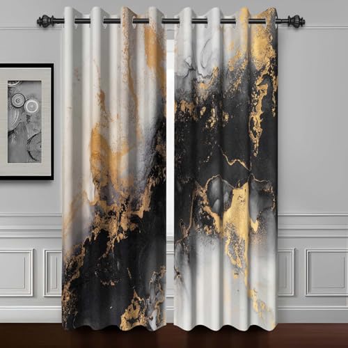 Baocicco Black Grey and Gold Marble Blackout Curtains for Bedroom Living Room Modern Luxury Design Gray and Gold Darkening Grommet Window Drapes Abstract Art Black Gold Curtains 2 Panels 53 x 108 Inch
