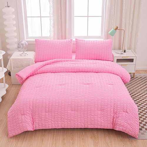Yadangxiawa Boho Seersucker Queen Comforter Sets for Girls Women Kids, Queen Bedding Set,Queen Size 5 Pieces-Soft Lightweight Microfiber Bed Set for All Season,Pink