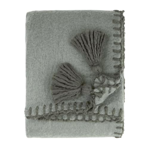 furn. Lowen Throw (Moss/Lichen - 130x170cm) - Brushed Stitch Edge Jumbo Tassels Soft Cosy Wool Blend Blanket