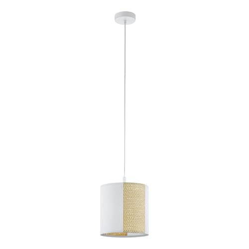 EGLO Arnhem Pendant Light, 1-Bulb Vintage Boho Hygge Pendant Light Made of Steel, Paper and Seagrass in White, Natural, Dining Table Lamp, Living Room Lamp Hanging with E27 Socket