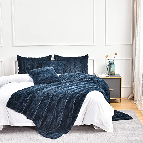 "YUSOKI Luxury Faux Fur Twin XL Blanket, Soft Fuzzy Fluffy Comfy Warm Blanket for Couch, Bed, Chair, Sofa - Women, Teen Girls, Men Gift (Navy Blue, 63""x90"")"