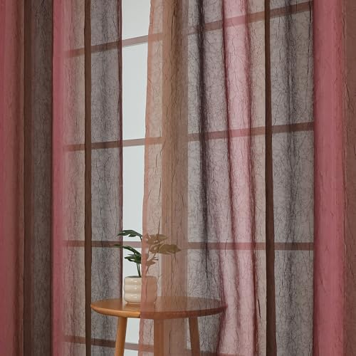 "OWENIE Ombre Sheer Curtains for Bedroom Living Room 63 Inch Length 2 Panels - Gradient Light Filtering Crinkle Crushed Textured Semi Sheer Printed Curtains Drapes, (42"" W x 63"" L, Pink/Brown)"