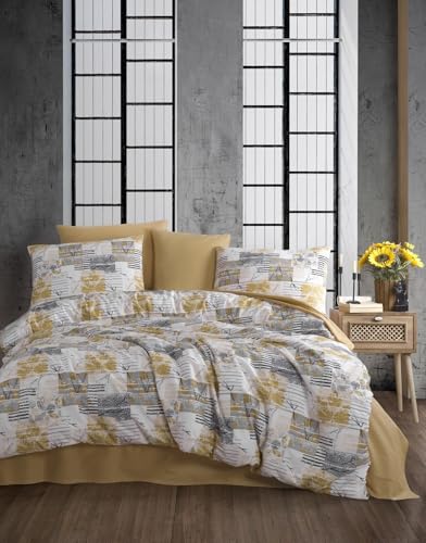 Nuit Des Rêves Ranforce Single Quilt Cover Set (135 x 200 cm), 100% Cotton, Yellow/White/Grey, Includes 1 Pillowcase (80 x 80 cm), Machine Washable at 40°C, Soft & Stylish
