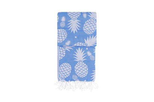100% Cotton Pineapple Pattern Soft Fouta Beach Towel 100 x 180 cm - High Absorbency Machine Washable - Blue - Ideal for Beach and Pool