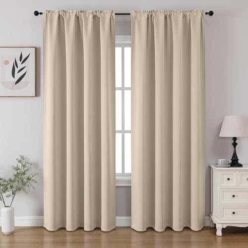 CUCRAF Blackout Curtains Room Darkening Window Curtain Panels, Rod Pocket Thermal Insulated Solid Drapes for Bedroom Living Room, Set of 2 Panels. 52 x 63 inch, Light Beige