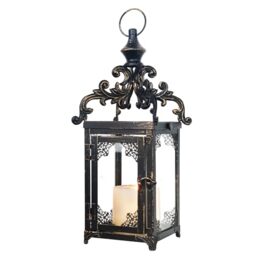 DECORKEY Large Hanging Lantern, Decorative Vintage Metal Tabletop Candle Holder for Outdoor Patio Rustic Home Decor With Clear Glass (Bronze)