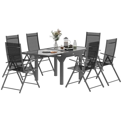 Outsunny 7 Piece Outdoor Dining Set with Extendable Table and 6 Folding Chairs, Garden Furniture Outdoor Conversation Set with 5mm Tempered Glass Top, All Weather Texteline for Patio, Terrace