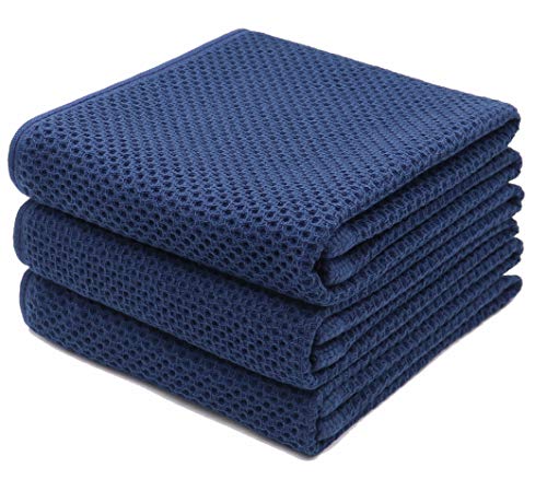 "Mia's Dream Cotton Face Waffle Weave Tea Towels, Soft Absorbent Bath Guest Gym Towel Washcloths, 13""x28"", 3 Pack (Navy Blue)"