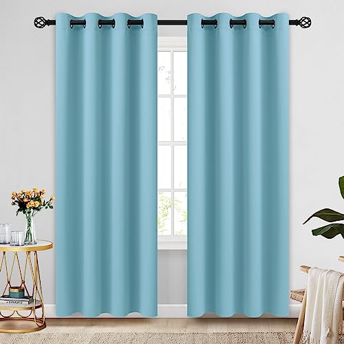 COSVIYA Grommet Blackout Room Darkening Sky Blue Curtains 84 inch Length 2 Panels,Thick Polyester Light Blocking Insulated Thermal Window Curtain Drapes for Bedroom/Living Room,52x84 inches