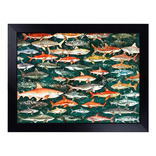 Lap Tray with Bean Bag Cushion, Shark Pattern - Handmade in the UK, Raised Wooden Edge, Padded Cushion, Heat-Resistant Wipe-Clean Surface, for Meals, Laptops and Crafts