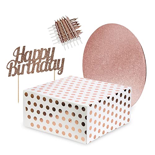Anniversary House Rose Gold Birthday Cake Decorations, Happy Birthday Topper, 12 Candles, 10-inch Cake Board and Box, AMZ016