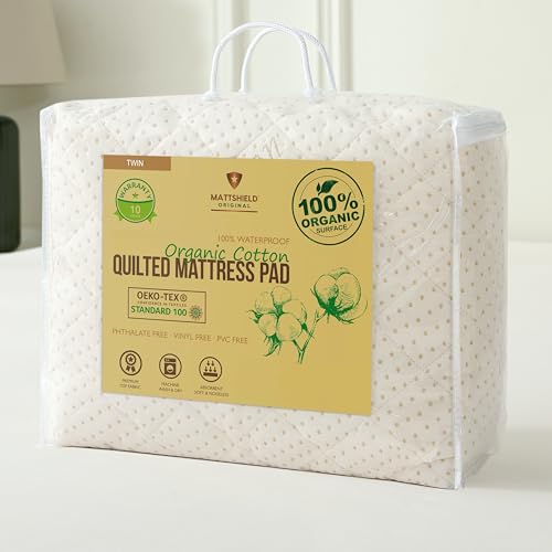 Luxury Quilted Waterproof Organic Mattress Pad Protector Twin 100% Organic Cotton Hypoallergenic Breathable Mattress Pad Cover - Premium 380 GSM Comfort - Fitted Allergy Shield, Ultimate Rest