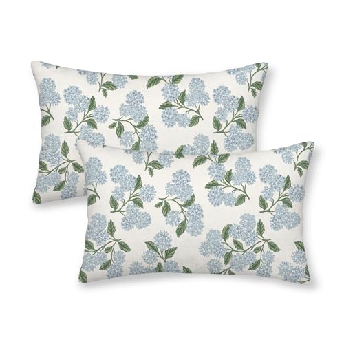 AEIOAE Spring Pillow Covers 12x20 Inch Set of 2, Green Blue Hydrangea Flower Throw Pillows Case,Floral Summer Outdoor Seasonal Decorative Farmhouse Decor Cushion Covers for Home Sofa Bed Couch