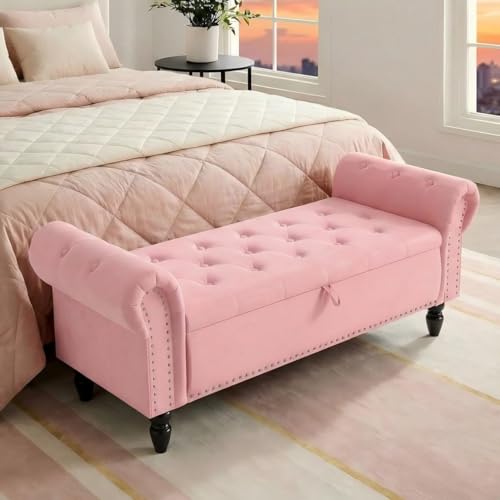 Clevich Ottoman Storage Bench, Velvet End of Bed Storage Box with Lid, Sturdy Wood Legs Footrest, 168KG Load Capacity, Sofa Bench for Bedroom/Living Room, 133x53x46cm