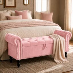 Clevich 133cm Velvet Storage Ottoman Bench, 168KG Load Capacity, Pink