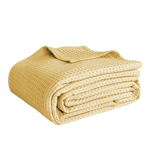 "Simple&Opulence 100% Cotton Waffle Weave Blanket King Size 104""x90"", Soft Lightweight Breathable Cozy Washed, Layer Throw Blanket for Couch Bed, Farmhouse Home Decor for Adult All-Season, light Yellow"