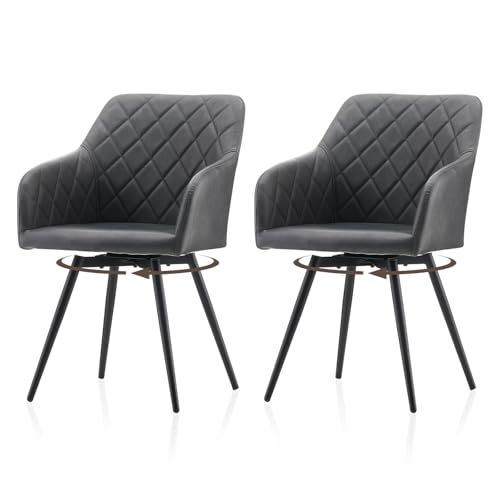 TUKAILAi Dining Chairs Set of 2, 360° Swivel Upholstered Kitchen Armchairs with Backrest and Metal Legs, Faux Leather Chairs for Home Office Bedroom Living Room Lounge(A – Dark Grey,Pack of 2)