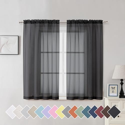 Aiyufeng Black Sheer Curtains for Windows 54 inch Long 2 Panel Set, Rod Pocket Soft Voile Sheer Classic Window Treatment with Light Through for Bedroom/Living Room, 40W x 54L, 2-Pack