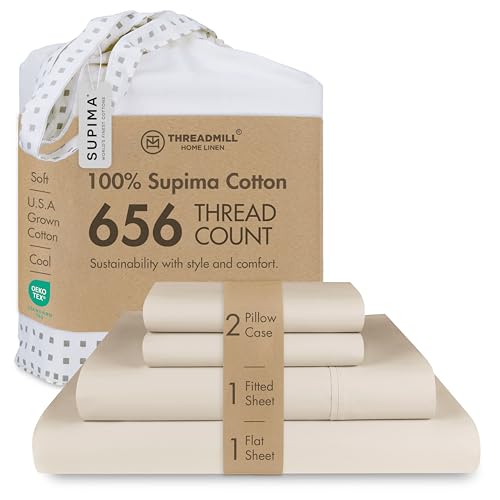 "Threadmill 656 Thread Count Supima Cotton Full Sheet Set, Sateen, Beige - 100% Supima Cotton, Sateen Weave, 4-Piece Set, 17"" Deep Pocket, All-Around Elastic, Hotel Quality, OEKO-TEX Certified"