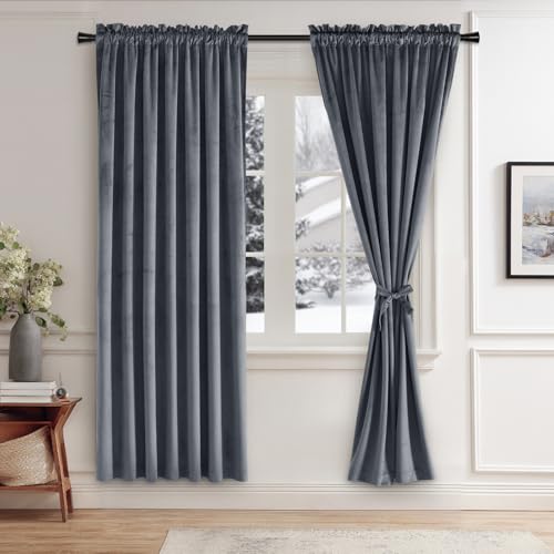 JIUZHEN Dark Grey Velvet Curtains 63 inches for Living Room - Soft Retro Blackout Velvet Drapes Rod Pocket Room Darkening Thermal Insulated for Bedroom/Gallery, 52W x 63L, 2 Panels with Tiebacks