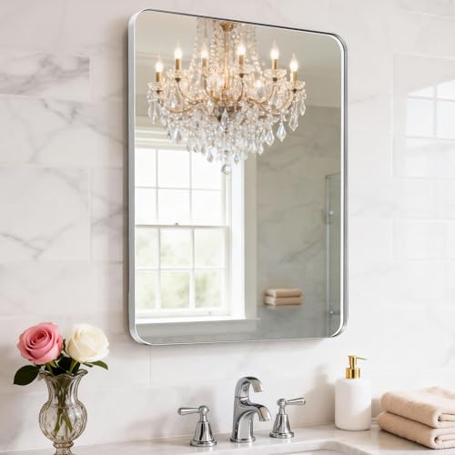 "YYXW Metal Frame Wall Mount Bathroom Mirror Rectangular Round Mirror, Matte Black Vanity Mirror, Farmhouse Style, Hang Horizontally or Vertically Silver-22 L x 34"" W"