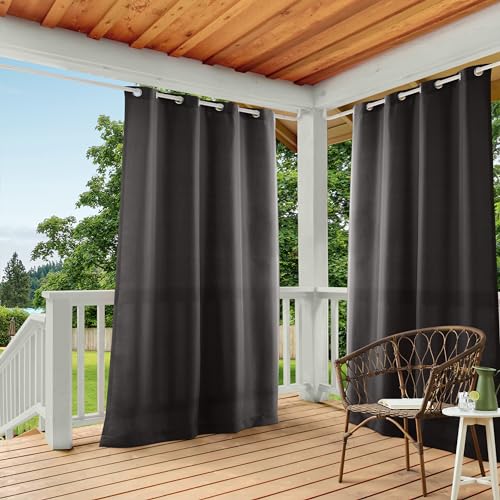 "TOWN & COUNTRY BASICS Cabana Solid Heavyweight Indoor Outdoor Curtains, Light Filtering Opacity with Grommet Top, Water Repellent, 2-Pack Set, 54""x96"", Black"