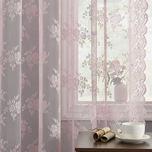 Kotile Elegant Floral Patterned Pink Nursery Sheer Lace Curtains - Scalloped Lace Curtains for Girls Room, 52 x 63 Inch, 2 Panels Set