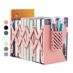 Kingsmile Book Ends, Adjustable Heavy Duty Metal Book Stoppers with Pen Holder for Desk Office Library Kids Room(Pink)
