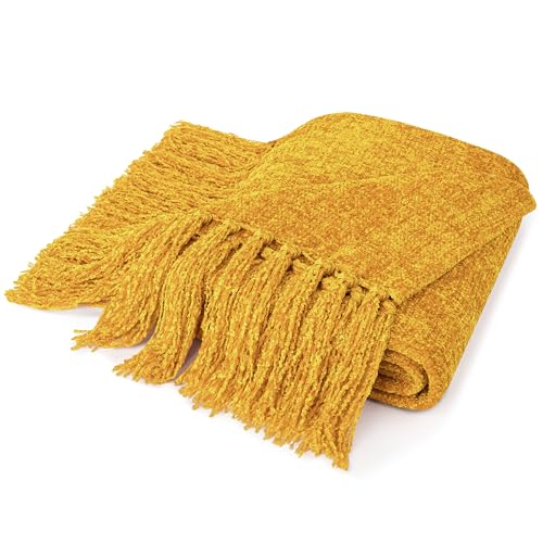 PAVILIA Mustard Yellow Chenille Throw Blanket for Couch Twin Size Bed, Soft Gold Knit Blanket with Tassel Fringe, Woven Chenille Knitted Decorative Blanket for Sofa Living Room Decor Gift, Twin 60x80