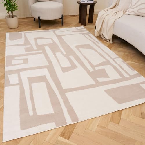 THE RUGS Living Room Rug, Loft Collection – Modern Textured 14mm Soft Pile Area Carpet, Non-Shedding & Easy Care [ Abstract Beige, 80x150 cm]