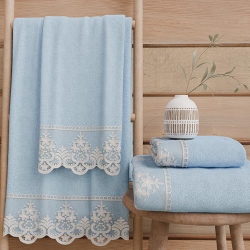 PETTI Artigiani Italiani - 100% Cotton Terry Bath Towels, 1+1 Towel Set, 2 Pieces 1 Face Towel and 1 Hand Towel, Light Blue