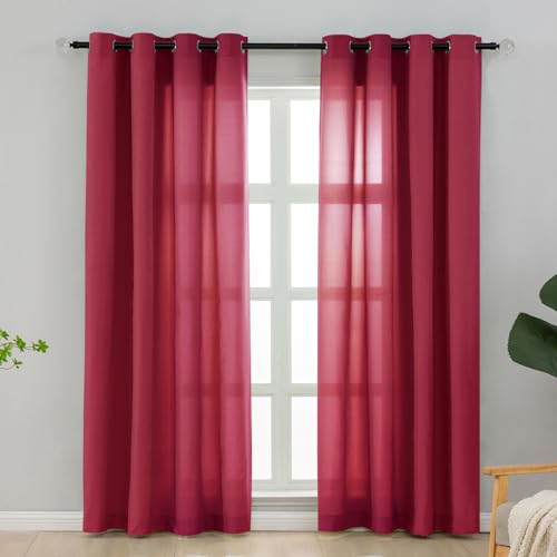 L.Z.E Light Filtering Curtains 72 Inch Length 2 Panels Set, Burgundy Privacy Non-See-Through Curtains for Living Room Bedroom Nursery Grommet Top Solid Window Panels