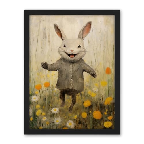 Artery8 Raincoat Rabbit Happy Bunny Flower Meadow Kids Girls Bedroom Nursery Artwork Framed Wall Art Print 18X24 Inch