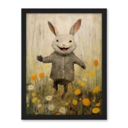 Artery8 Raincoat Rabbit Happy Bunny Flower Meadow Kids Girls Bedroom Nursery Artwork Framed Wall Art Print 18X24 Inch