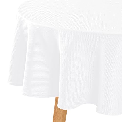 Hiasan Round Textured Tablecloth 50 Inch - Waterproof Spillproof Antiwrinkle Jacquard Table Cloth, Decorative Polyester Table Cover for Kitchen, Outdoor Picnic, Holiday and Parties, White