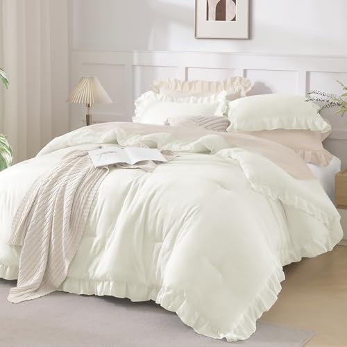 Andency Ivory King Size Comforter Set, 3 Pieces Solid Farmhouse Bedding - Shabby Chic All-Season Western Rustic Soft Down Alternative Bed Set for Adults
