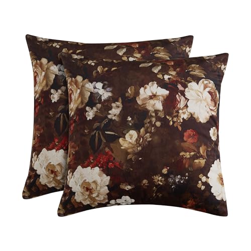 StangH Brown Floral Velvet Throw Pillow Covers, Pack of 2 - 300GSM Soft Velvet, Vintage Botanical Pattern, Hidden Zipper, Cozy Feeling for Relax, 18 x 18