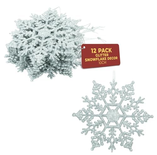 Festive Fix Snowflake Christmas Tree Decorations – Pack of 12 Silver Hanging Snowflakes 10 cm – Sparkling Xmas Tree Ornaments for Home & Outdoor Use, Winter Wonderland Holiday Décor