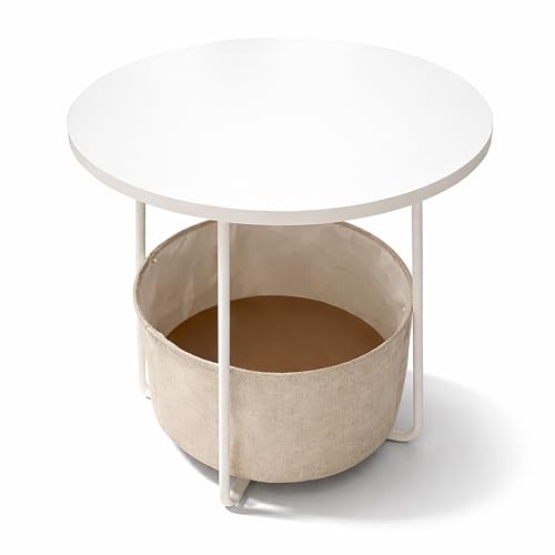 Relaxdays side table, round, with fabric basket, H x D 50 x 45 cm, living room coffee table, MDF & metal, white-beige