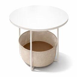 Relaxdays side table, round, with fabric basket, H x D 50 x 45 cm, living room coffee table, MDF & metal, white-beige