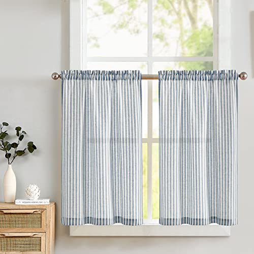 Lazzzy Kitchen Curtains - Striped Blue Linen Cafe Curtains for Bathroom & Kitchen - 24 Inch Length, Rod Pocket, 2 Panels Set
