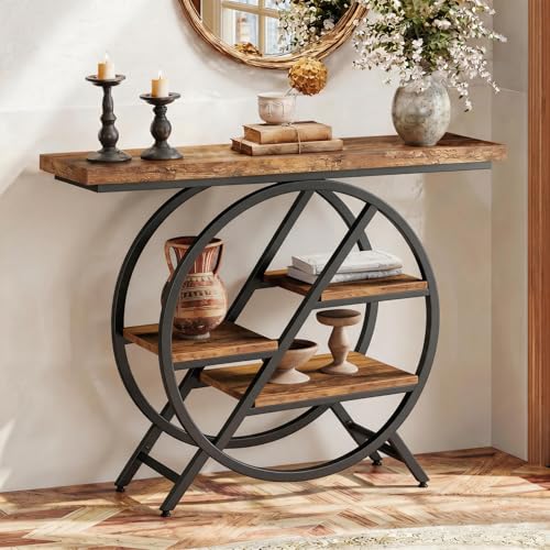 "LITTLE TREE Console Table for Entryway, 39.37"" Sofa Table Behind Couch, Wooden Industrial 4-Tier Narrow Accent Table with Metal Frame for Entrance, Living Room, Hallway, Foyer"