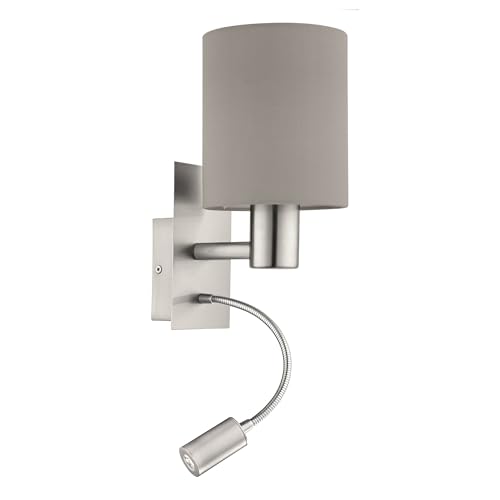 Eglo Pasteri 2-Bulb LED Fabric Wall Lamp - Steel and Fabric Bedside Light Coloured in Nickel Matt and Taupe, E27 socket, incl. Switch and Flexible Reading Light