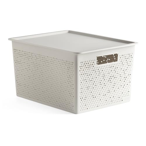 TATAY Plastic Storage Basket 20L Bohol - Organiser Box with Lid - Optimal Ventilation - Stackable Modular System - Integrated Handles - BPA-Free Recycled Plastic - 30x39x21.5 cm, White
