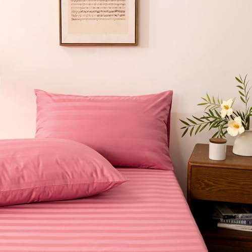 NookZuzu Twin Cotton Stripe Fitted Sheet & Pillowcase Set,2 Piece,Pink - Organic Cotton,Deep Pocket,NO Flat Sheet Included,Soft and Cooling,Including 1 Twin Pink Fitted Sheet & 1 Pillowcase