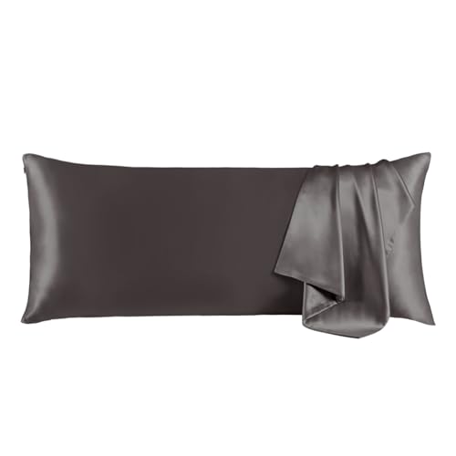 "THXSILK Mulberry Silk Body Pillow Case, 100% Mulberry Silk Pillowcase for Hair and Skin, Natural Mulberry Silk Pillow Cover with Hidden Zipper, 1pc (Dark Gray, Body Size 20""x54"")"