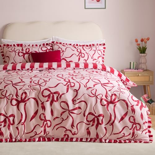 furn. La Vie En Bows Duvet Cover Set – Reversible Easy Care Striped Bow Ruffle Trim Cotton Blend Bedding (Pink Red - King)